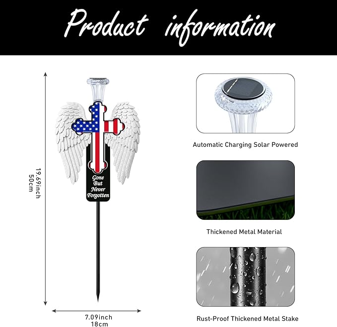 Solar Memorial Cross with Angel Wings - Patriotic American Flag Cemetery Decorations - Waterproof LED Grave Marker, Veterans Day & Father's Day Sympathy Gift for Loss of Loved One(Angel Wings)