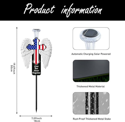 Solar Memorial Cross with Angel Wings - Patriotic American Flag Cemetery Decorations - Waterproof LED Grave Marker, Veterans Day & Father's Day Sympathy Gift for Loss of Loved One(Angel Wings)