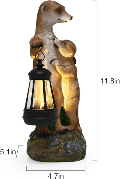 Meerkat Mother & Baby Solar Garden Statue Outdoor Decor Resin Figurine with Lantern Lights Waterproof Lawn Ornament Animal Sculpture for Patio Yard Porch Christmas