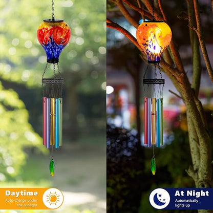 Starsoul Solar Wind Chimes for Outside, Colorful Speckle Hot Air Balloon Wind Chime with Flickering Flame, Outdoor Glass Windchimes for Garden Yard Decor, Gift for Mother's Day