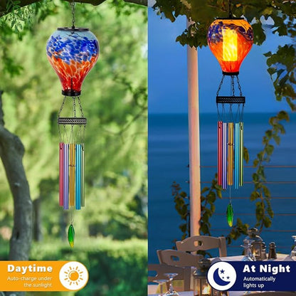 Starsoul Solar Wind Chimes for Outside, Colorful Hot Air Balloon Wind Chime with Flickering Flame, Outdoor Glass Windchimes Garden Decor, Gift for Mother's Day