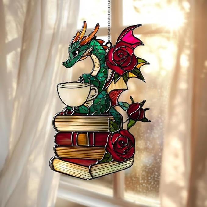 Dragon Tea Book Bookish Acrylic Suncatcher, Book Suncatchers for Window Hangings, Bookish Gifts for Readers Book Lovers Bookworm, Gift for Mother's Day, Women, Mom, Wife, Grandma