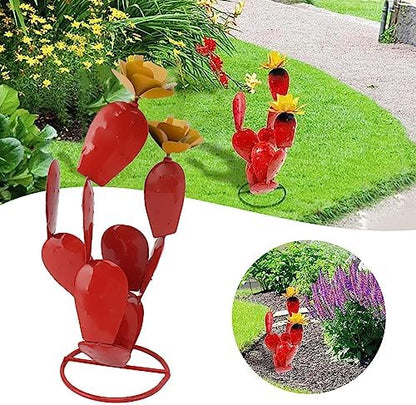 HEEPDD Rustic Iron Prickly Pear Sculpture, Red Metal Desert Plant with Flowers, Garden Yard Patio Lawn Decor