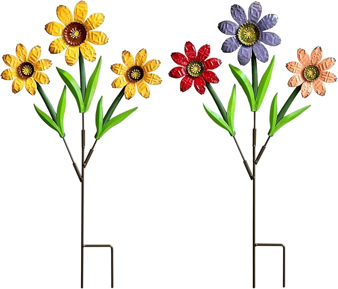 HUTHDAK Metal Flowers for Outside,2 Pack Large Colorful Decorative Garden Stakes Yard Art,Spring Garden Decor for Lawn, Pathway & Garden(21.9 * 12IN)