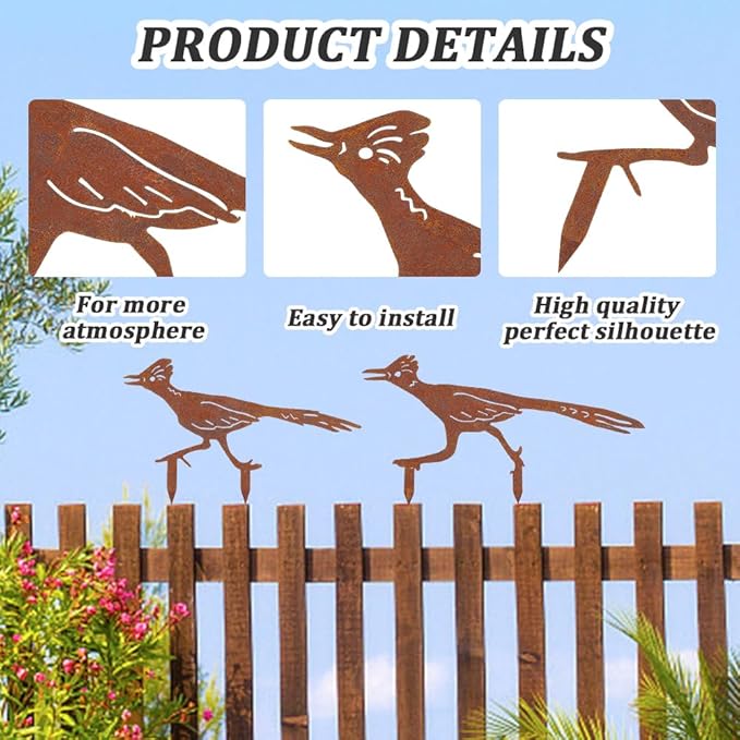 CREATCABIN 2Pcs Rusty Birds Fence Decoration Outdoor Metal Birds Decor for Yard Art Metal Craft Statue Ornaments Iron Sculptures Stakes Rustic Garden Decor for Farmhouse Yard Wall