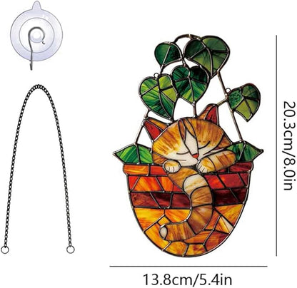 Planter Cat Window Hanging,Stained Acrylic Cat Sun Catcher for Home Office Wall Window Decor