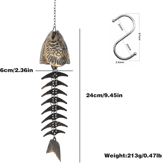 Fish Wind Chime, Fishbone Wind Chime, Fish Bone Cast Iron Wind Chimes Vintage Metal Wind Chimes Outdoor Soothing Melody for Garden Home Yard Porch Hanging Decor (Bronze)