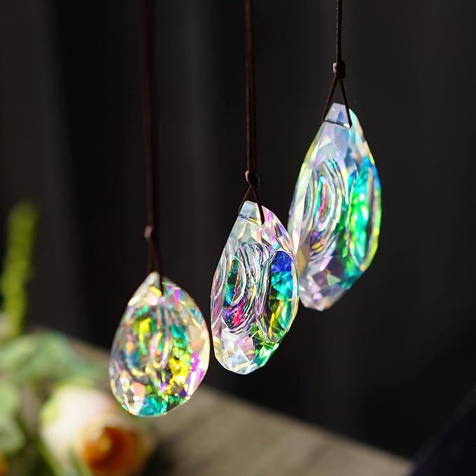 Window Hanging Crystal Prisms Sun Catcher AB Coating Rainbow Maker Glass Prisms Hanging Suncatcher Pendant for Home Garden Decor,76mm/63mm/50mm Chandelier Prism Parts, Pack of 3