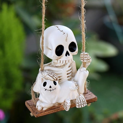 Swing Skeleton Holding Ghost Cat Garden Statue Outdoor Halloween Decor, 3.15 Inch Cute Skull Figurine Resin Sculpture Funny Tree Hanging Ornaments for Patio Lawn Yard