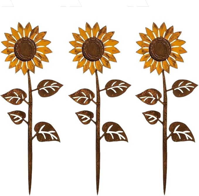Rusty Metal Wild Flowers Garden Stakes 11.82 x 8.47 inches, Decorative Flowers Yard Stake Metal Art for Outdoor Garden Lawn Decor (Flower-I)