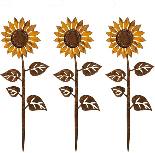 Rusty Metal Wild Flowers Garden Stakes 11.82 x 8.47 inches, Decorative Flowers Yard Stake Metal Art for Outdoor Garden Lawn Decor (Flower-I)