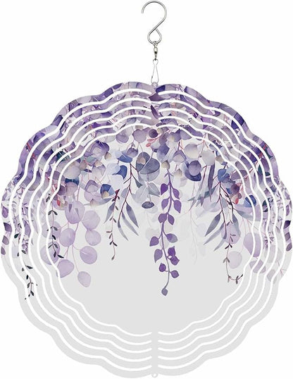 Stainless Steel Wind Spinner for Yard Garden Decoration, Purple Plant Eucalyptus Leaves Round Wind Sculpture Spinner 3D Crafts Hanging Ornaments for Indoor Outdoor, 8 Inch