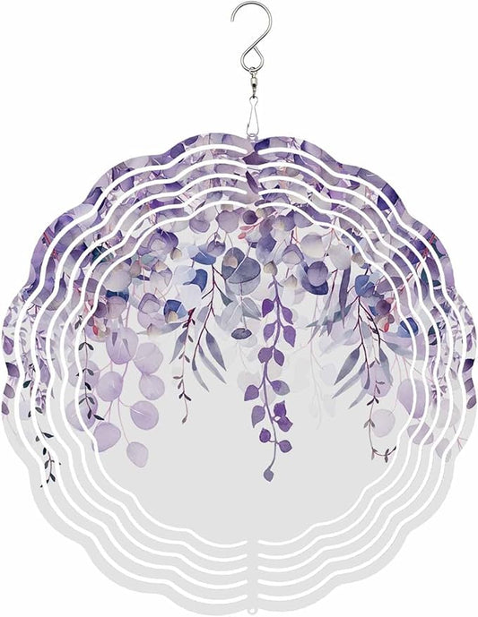 Stainless Steel Wind Spinner for Yard Garden Decoration, Purple Plant Eucalyptus Leaves Round Wind Sculpture Spinner 3D Crafts Hanging Ornaments for Indoor Outdoor, 8 Inch