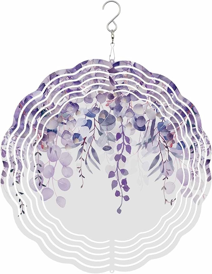 Stainless Steel Wind Spinner for Yard Garden Decoration, Purple Plant Eucalyptus Leaves Round Wind Sculpture Spinner 3D Crafts Hanging Ornaments for Indoor Outdoor, 8 Inch