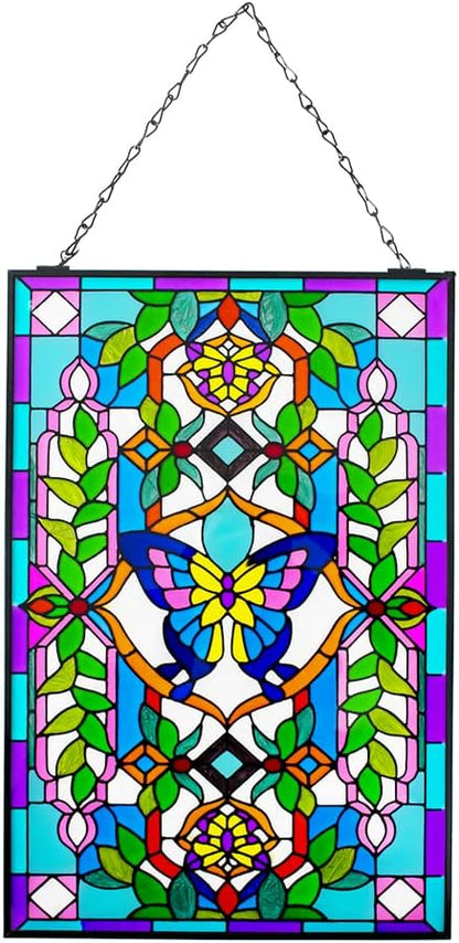 Viveta Butterfly Stained Glass Window Hangings, 10" W x 15" H Suncatcher Panel Windows Wall Decor with Metal Frame & Chain