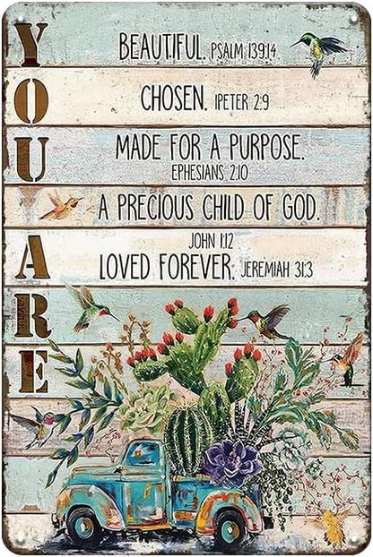 YOYI ART Bible Blessed Signs for Home Decor - Garden Patio Signs for Outside, Cactus Car Bird Vintage Metal Tin Signs for Backyard, Patio, Front Door, Porch, Farm House Wall Art Decor Art, 8 x 12 inch