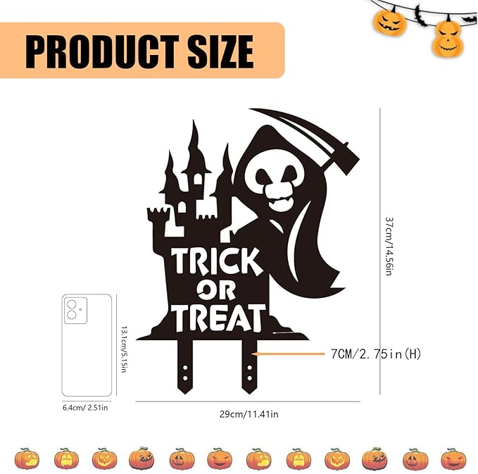 Grim Reaper Metal Yard Stake Decor - Black Skeleton with Scythe Silhouette for Gothic Haunted House Yard, Garden, or Porch, Weatherproof & Easy Setup Metal Decor Sign with "Trick or Treat" Cutout