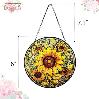 Sunflower Sun Catcher Stained Glass Window Hanging - Flower Sun Catchers Ornaments for Kitchen Door Home Garden Decor - Handmade Suncatchers Glass Panel - Mothers Day Birthday Gifts for Mom Grandma