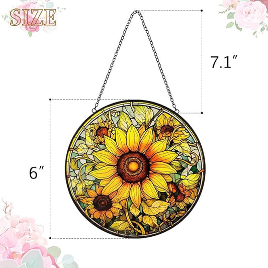 Sunflower Sun Catcher Stained Glass Window Hanging - Flower Sun Catchers Ornaments for Kitchen Door Home Garden Decor - Handmade Suncatchers Glass Panel - Mothers Day Birthday Gifts for Mom Grandma