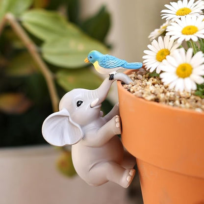 Cute Climbing Elephant with Bird Flower Pot Hugger Figurines Resin Hanging Elephant Statue Planter Pot Decorations for Home Garden Fence Balcony Patio Lawn Yard Ornaments