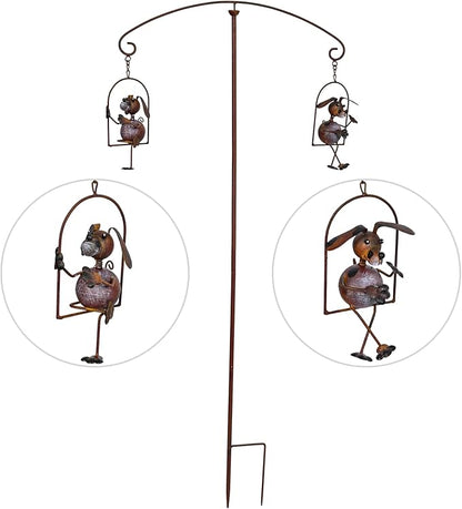 Lovely Iron Puppies Garden Balancing Stakes 44.5" High, Animals Play Seesaw Decorative Metal Yard Balancer Art, Present to Dog Lovers as Outdoor Lawn Decoration Sculpture
