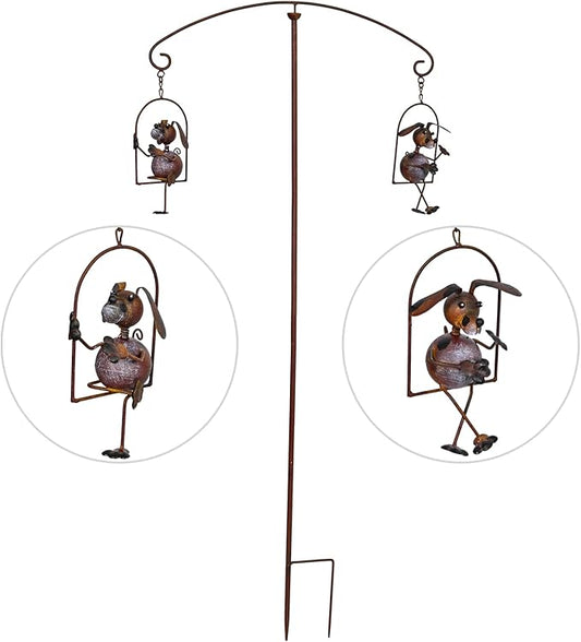 Lovely Iron Puppies Garden Balancing Stakes 44.5" High, Animals Play Seesaw Decorative Metal Yard Balancer Art, Present to Dog Lovers as Outdoor Lawn Decoration Sculpture