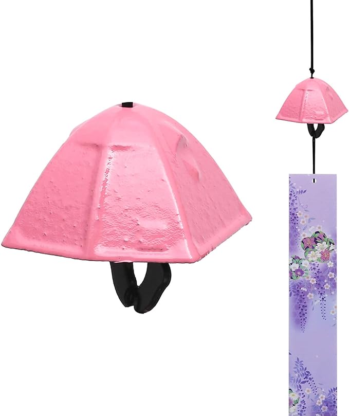 Japanese Wind Chime Cast-Iron Outdoor Ornament for Garden, Patio & Balcony, Hanging Metal Wind-Bell Decoration Gift, Blessing Pendant Windchimes & PVC Wind-Catcher, Tent - Pink