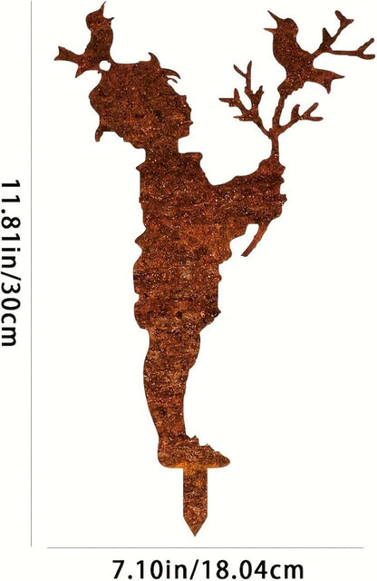 Metal Boy & Bird Garden Statue - Rustic Floor Standing Outdoor Decor for Lawn, Patio - Heartwarming Gift for Mother’s Day, Weddings(30cm/11.81in)