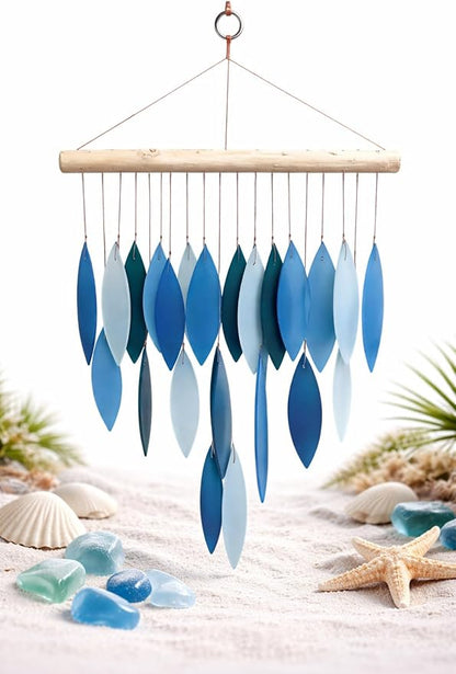 Blue & White Glass Wind Chime, Large 20″ – Recycled Glass & Driftwood Coastal Hanging Chime for Porch, Patio & Home