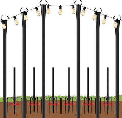 10Ft String Light Poles 6 Pack for Outside, Metal Outdoor Light Poles with 5 Prongs for Garden Patio Backyard Deck, Fence Bracket Hanging Light for Party Wedding Decor