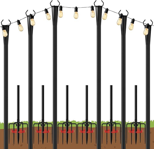 10Ft String Light Poles 6 Pack for Outside, Metal Outdoor Light Poles with 5 Prongs for Garden Patio Backyard Deck, Fence Bracket Hanging Light for Party Wedding Decor