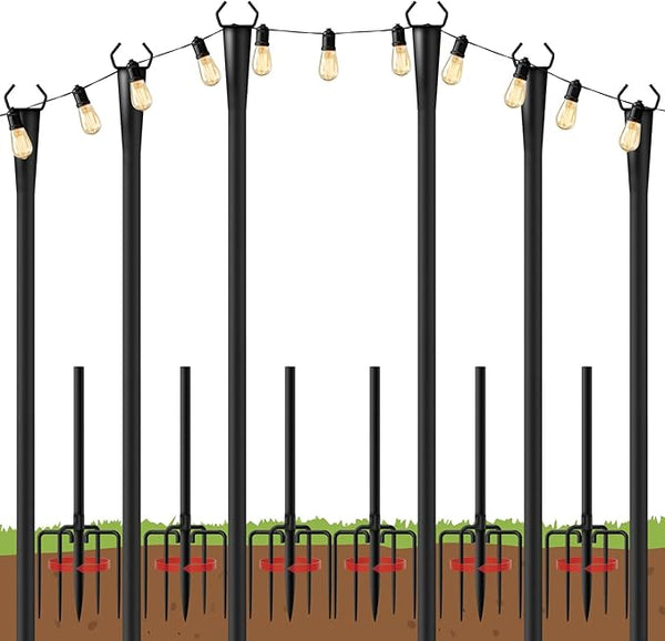 10Ft String Light Poles 6 Pack for Outside, Metal Outdoor Light Poles with 5 Prongs for Garden Patio Backyard Deck, Fence Bracket Hanging Light for Party Wedding Decor