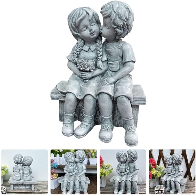 Yardwe Resin Kissing Figurines Outdoor Garden Statue Boy and Girl Couple Sculpture Table Decor for Patio Lawn and Home Decoration