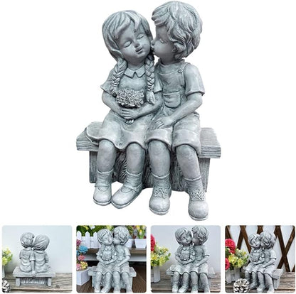 Yardwe Resin Kissing Figurines Outdoor Garden Statue Boy and Girl Couple Sculpture Table Decor for Patio Lawn and Home Decoration