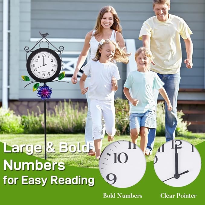 Outdoor Clock with Garden Stake, Flower Birdhouse Outdoor Wall Clock Waterproof, Silent No-Ticking Outdoor Clocks for Garden, Patio, Yard, Fence
