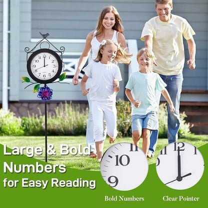 Outdoor Clock with Garden Stake, Flower Birdhouse Outdoor Wall Clock Waterproof, Silent No-Ticking Outdoor Clocks for Garden, Patio, Yard, Fence
