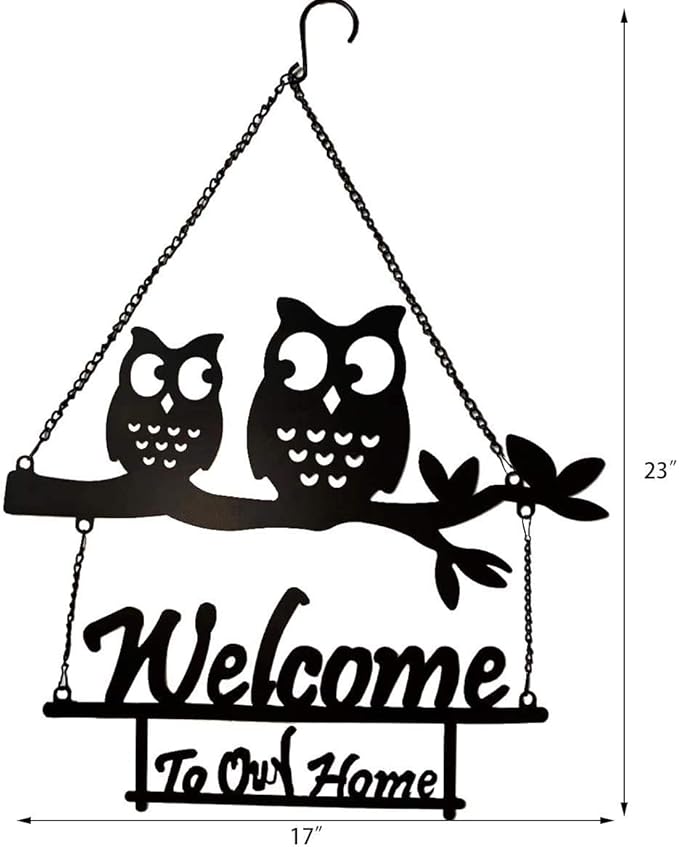 Metal Hanging Owl Welcome Sign Wall Decor,Decorative Rustic Owl hanging Sign for Front Door Yard Patio Indoor Outdoor Wall Decoration