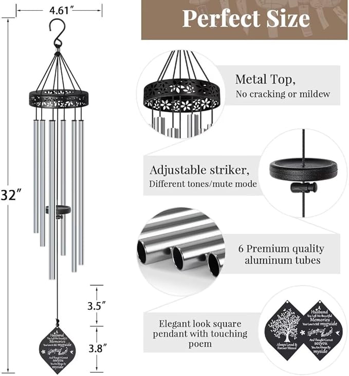 Synhonty Memorial Wind Chimes for Loss of Husband, 32" Sympathy Gift, Remembrance/Grief/Bereavement Gifts in Memory of Husband