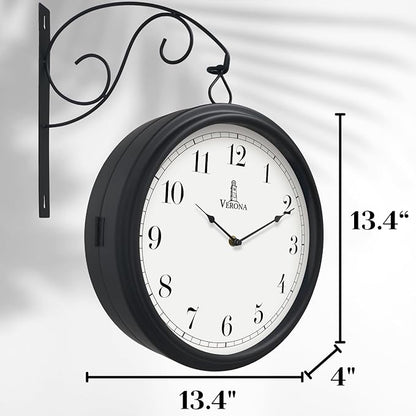 Large Metal Double Sided Wall Clock 13.4" - Decorative Indoor Outdoor Double Sided Clock - Easy to Read, Hanging Train Station Style for Patio, Garden, Office - Antique Style Outside Corner Wall Decor