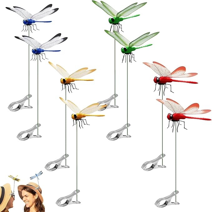 8 Pack Dragonfly Clips for Outdoor Decor - 3D Realistic Fake Dragonflies, Lifelike Insect Clips for Hats, Garden, Plants & Patio, Waterproof Hanging Ornaments with Wind-Activated Wings