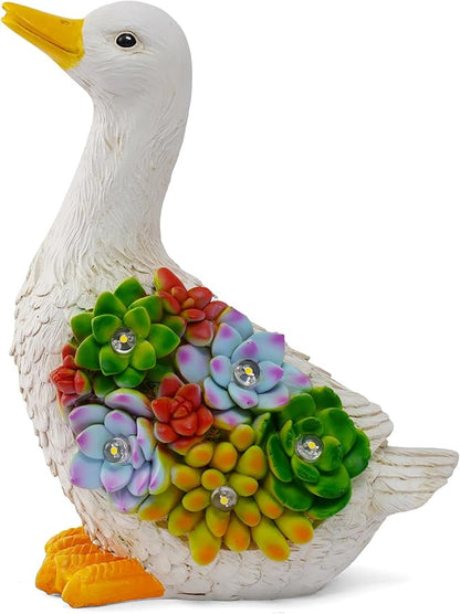 Solar Powered Duck Garden Statue with Succulents & LED Lights – Whimsical Resin Outdoor Decor for Patio, Lawn & Gift