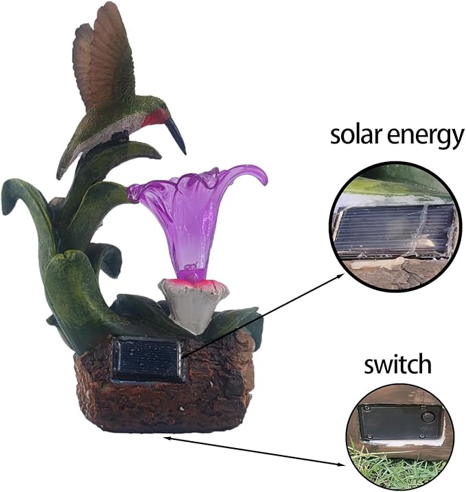 Eletina Resin Hummingbird Solar Light with Flower Garden Decorations,Waterproof Statues and Figurines Light Garden Art for Patio Lawn Yard Decorations (Resin Hummingbird Solar1)