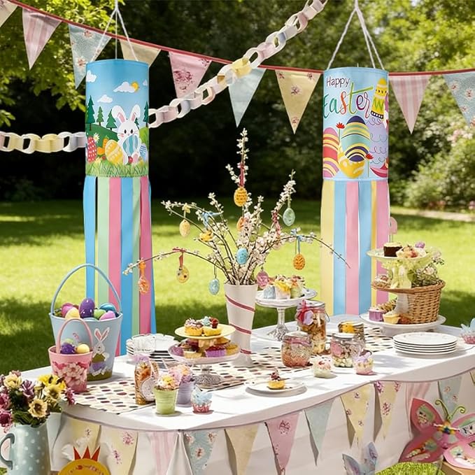 2Pack 40 Inch Spring Easter Windsock, Bunny Outdoor Holiday Windsock Flags Decorations for Yard Garden Home Party Hanging Decor