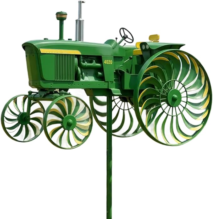 Garden Wind Spinner, Green Tractor Windmill Stake with Rotating Wheels for Patio Yard Garden, Unique Outdoor Sculptures Ornament Gift for Friends Family
