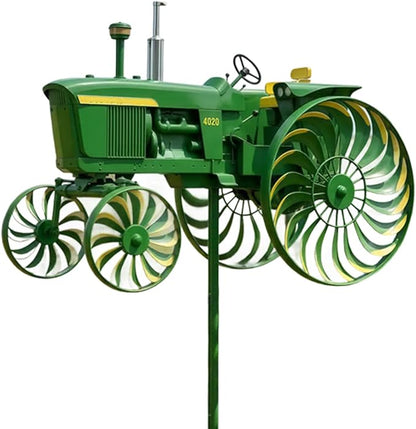 Garden Wind Spinner, Green Tractor Windmill Stake with Rotating Wheels for Patio Yard Garden, Unique Outdoor Sculptures Ornament Gift for Friends Family