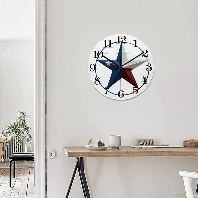 10 Inch Decorative Wall Clock Western Texas Star Vintage Farmhouse Wood Clock Silent Non-Ticking Battery Operated Rustic Wooden Analog Clock for Patio Office Living Room Decor Home Decor