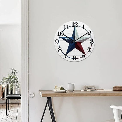 10 Inch Decorative Wall Clock Western Texas Star Vintage Farmhouse Wood Clock Silent Non-Ticking Battery Operated Rustic Wooden Analog Clock for Patio Office Living Room Decor Home Decor