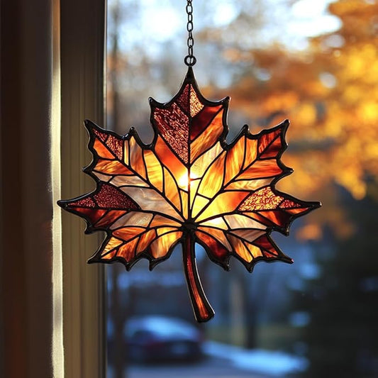 Autumn Maple Leaf Acrylic Suncatcher Stained Glass Effect Window Car Hanging Christmas Ornament Indoor Outdoor Decor Garden Sun Catcher Panel for Maple Leaf Lover for Women Mom Grandma