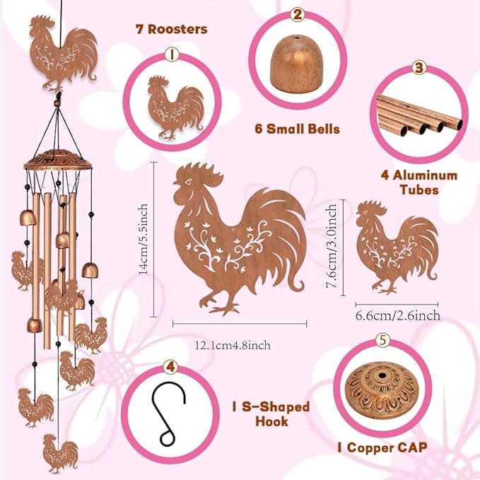 INFUNLY Roosters Wind Chimes for Outside 5.5"×5.4" Chicken Pattern Metal Windchime Aluminum Tube Wind Chime with Little Bells Tubes Memorial Wind Bell for Yard Garden Decor Housewarming Birthday Gift