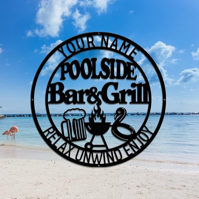 MeMate Poolside Bar & Grill Sign, Outdoor Pool Decor, Large Metal BBQ Sign, Personalized for Backyard Patio Porch Deck, Custom Name Housewarming Gifts for Family Friends